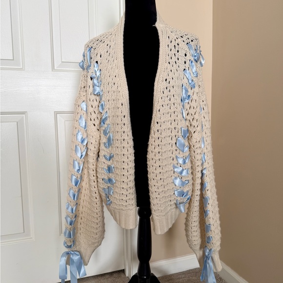 ALTAR'D STATE Women's Cream Sweater with Blue Ribbons - Picture 2 of 6